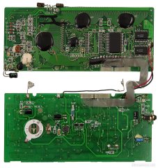 Main/display card (top) and keyboard card. The same hardware is used for the SF-5x80 series. In this version, the main card holds one 128KB memory chip, one location is free. The SF-5780 has 2 x 128 KB chips, the SF-5980, 2 x 256 KB.