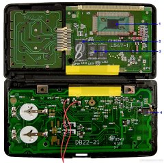 Inside. The display card holds all of the active components. (1) Main processor, (2) program ROM chip, (3) 2 x 16 KB user memory chips, (4) PC-Link jack. (1) (2) (3) (4)